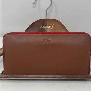 J. Crew Zip-Around Brown Leather Wallet with Red Accent Excellent Condition
